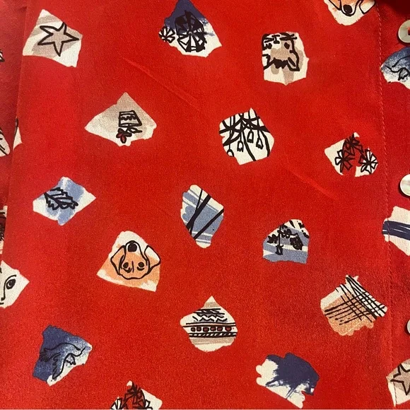 Anthropologie John Mark Silk Dog Print Tunic Playful Artistic Button Front Top - Picture 5 of 13